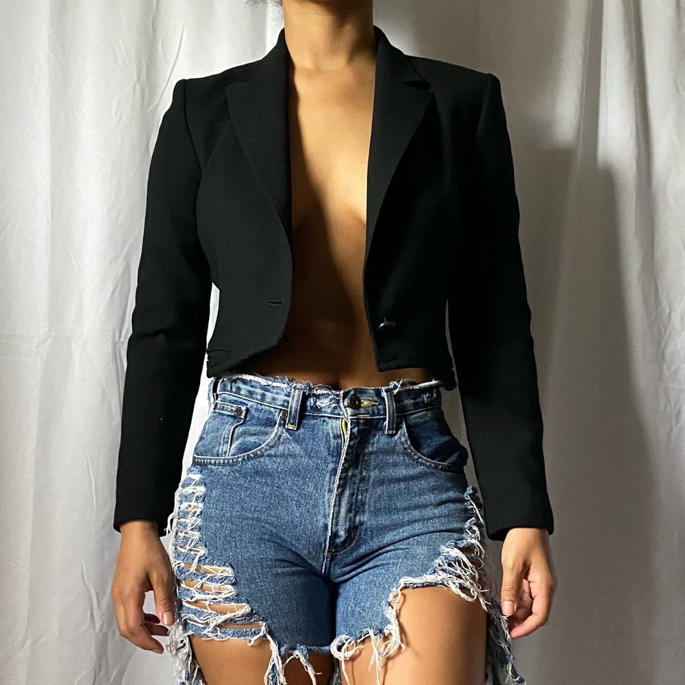 Wool Textured Black Crop Blazer Small